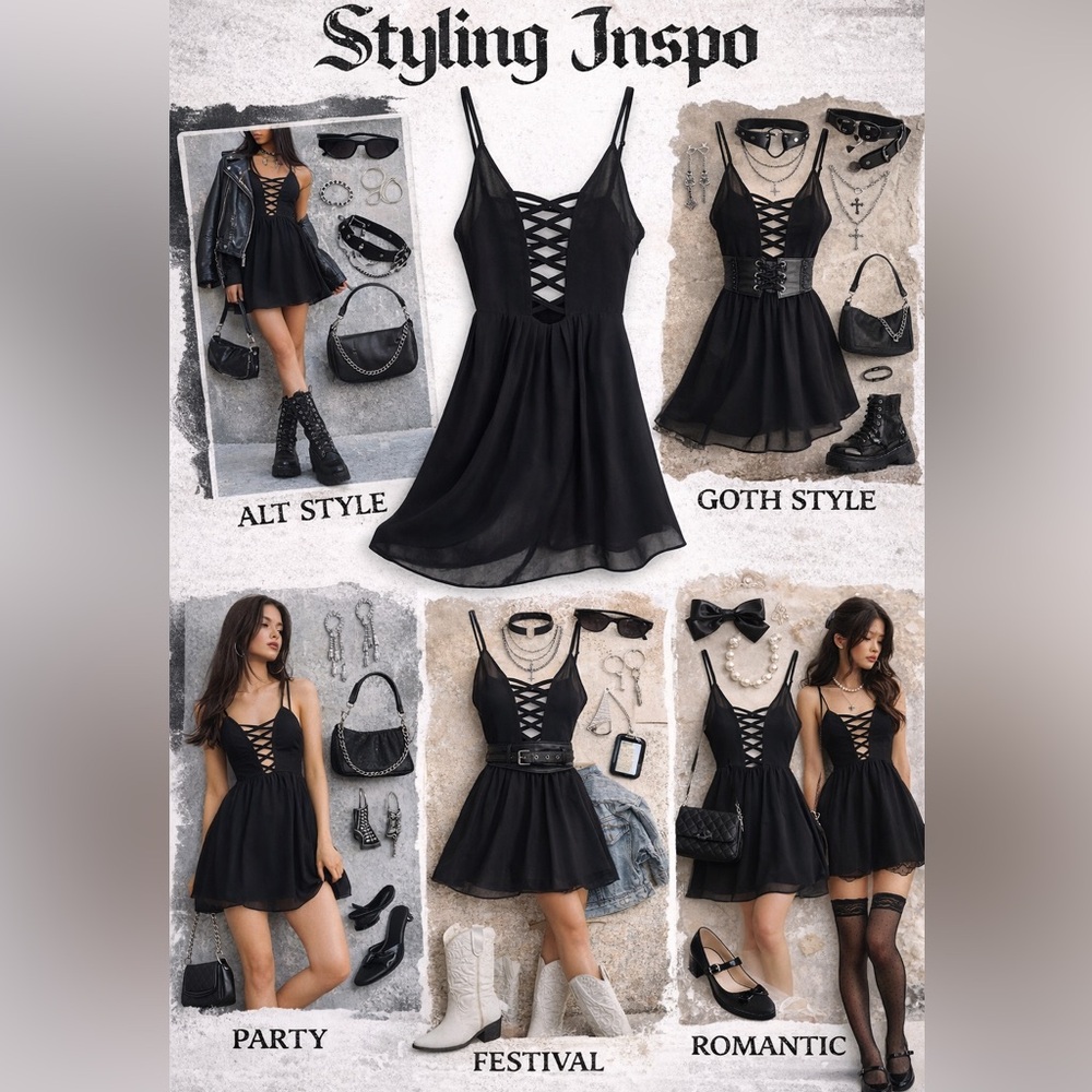 Millau LF Black Chiffon Lace-Up Mini Dress Flowy Strappy Fit & Flare Small - Picture 9 of 9